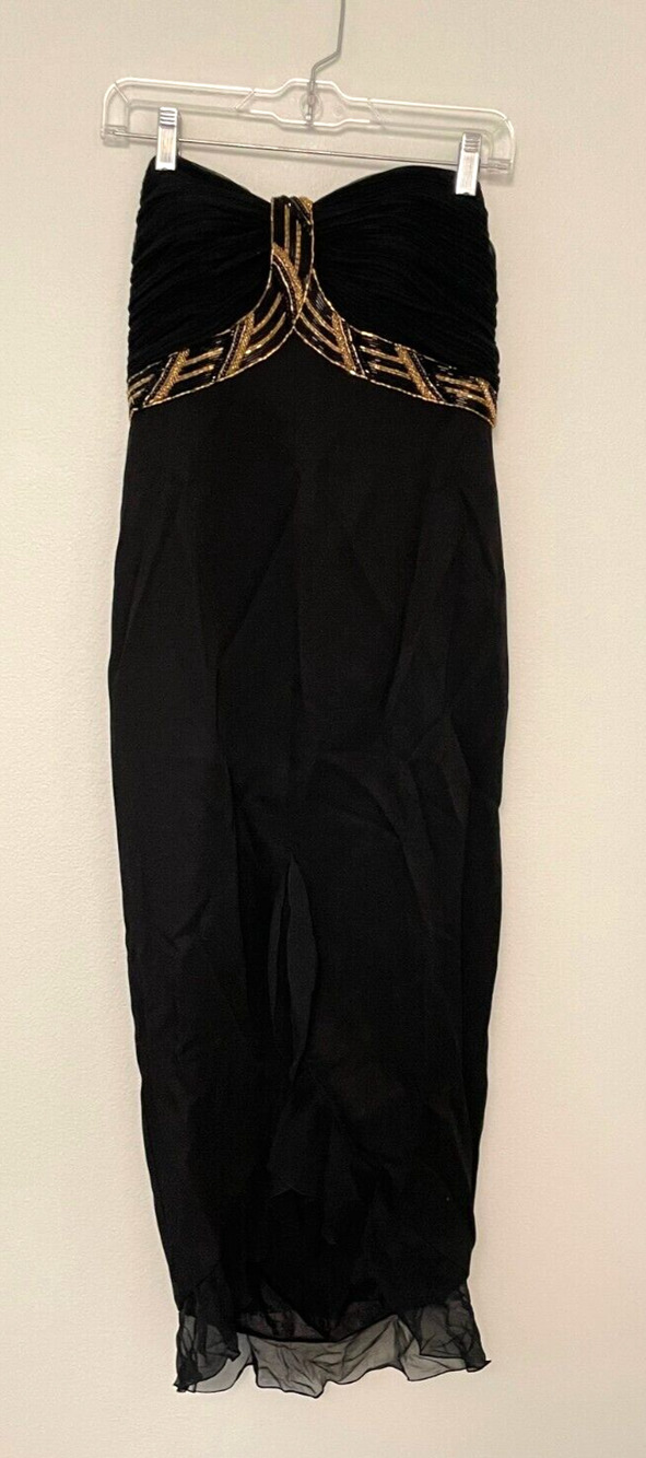 Vintage Womens Dress Size 10 Black Chiffon Beaded Strapless Babydoll Evening 90s